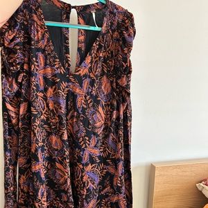 Free People black paisley mini dress puff sleeves keyhole size S